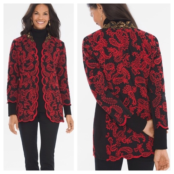 Chico’s Collectibles Red Black Embroidered Jacket - Picture 2 of 8